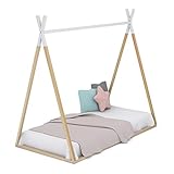 Cama Infantil Tipi con Somier, en Madera Natural y Blanco, Forma Casita Indio Montessori, 90x190