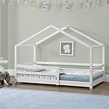 Cama para niños 70 x 140 cm Cama Infantil con Somier Estructura de Madera Pino En diseño de Casa con Reja de Seguridad Protección Blanco Lacado Mate