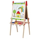 Hape All-in-1 Easel , Award-Winning Double-Sided Kids Standing Easel Adjustable Height Stand with Paper Roll, Chalkboard, Whiteboard, Magnets and 3 Paint Pots