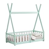 [en.casa] Cama para niños pequeños Cama Infantil 140x70cm Estructura Tipi de Madera Pino con reja de Seguridad Color Verde Menta