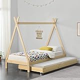 Cama para Niños de Madera Pino con Cama Extraíble Superficie Extra en Diseño de Carpa Indio 90 x 200 cm Cama Infantil Estructura Tipi Pino Natural