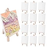 Mini Lienzos con Caballete de Madera: 12 Piezas Caballete Portatil con Mini Lienzos, Mini Lienzo con Caballete, Mini Caballetes Lienzo Set para Pinturas Óleo y Acrílico, Lienzos para Niños, 10X10cm