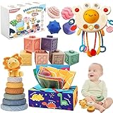 Juguetes Sensoriales Educativos Montessori, 5 en 1, Bloques Apilables, Caja de pañuelos, Regalo para Bebes y Niños de 6 meses a 3 Años