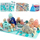 Jacootoys Bloques de construcción de Madera 133 Piezas Juguetes apilables de la Ciudad con Juego de Aprendizaje para niños de 3 a 6 años