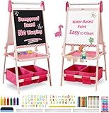FUNLIO Caballete de Arte para Niños de 3 a 8 años, Tablero Antideformación, pizarra infantil con Pizarra Magnética/Blanca, 3 Altura Ajustable, Todo en Uno con Rollo de Papel - Rosa