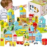 Onshine Bloques Construcción de Madera para Niños con Puzzle, Montessori Juguetes Coche Hospital Juguet de Madera Juegos Educativo Regalo para 3 4 5 Niños Niña